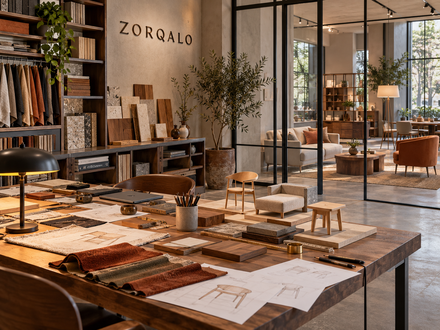 ZORQALO furniture design studio with material samples, scale models and a connected showroom